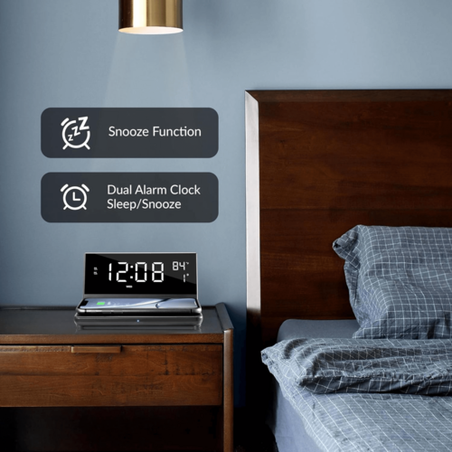 Supersonic Dual Alarm Clock with 2-in-1 Wireless Charger